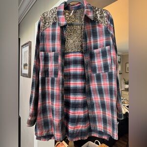 Free People Sequin Plaid Flannel sz M